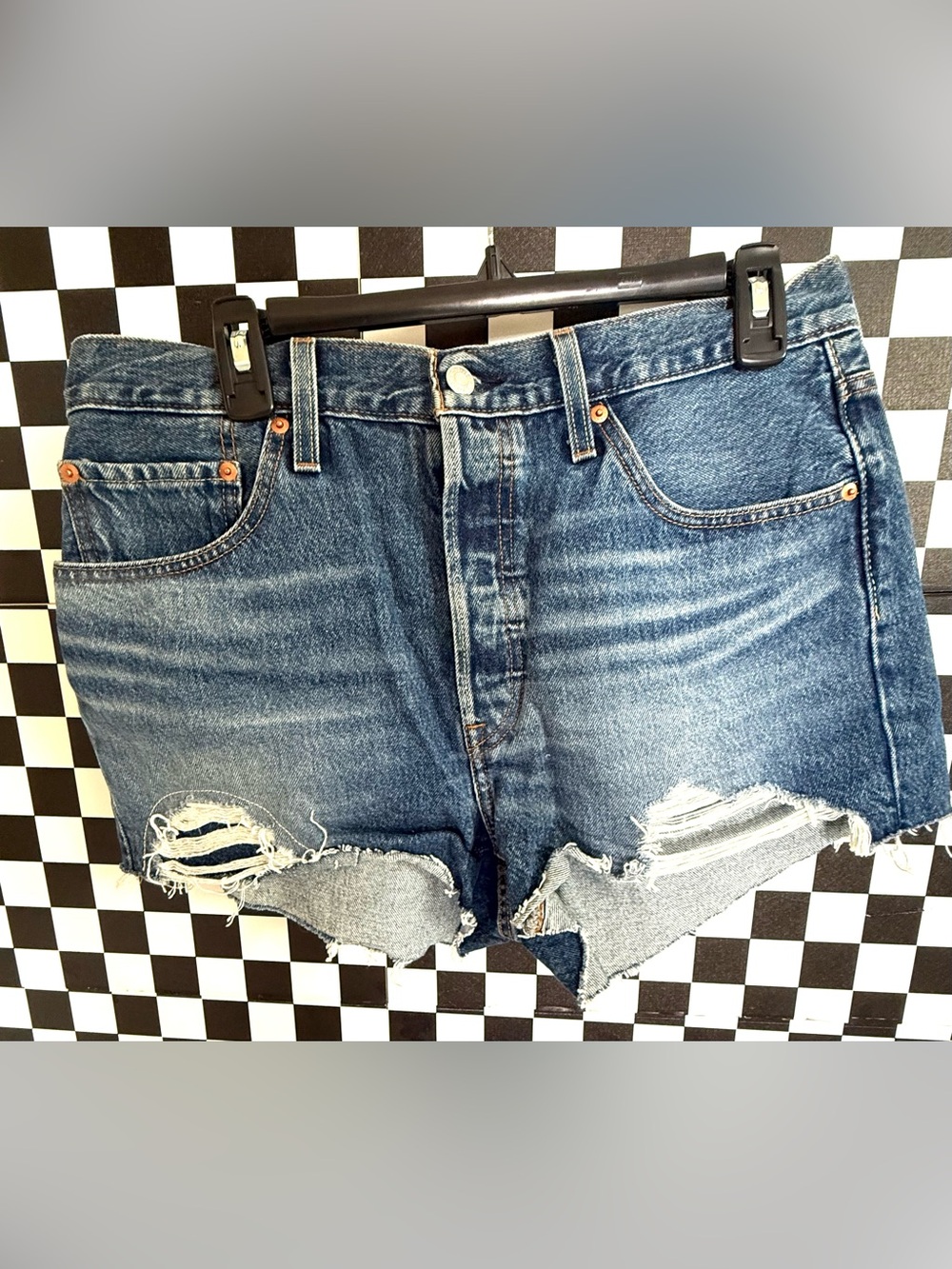 Levi's 501 Dark Blue Distressed Straight Denim Shorts